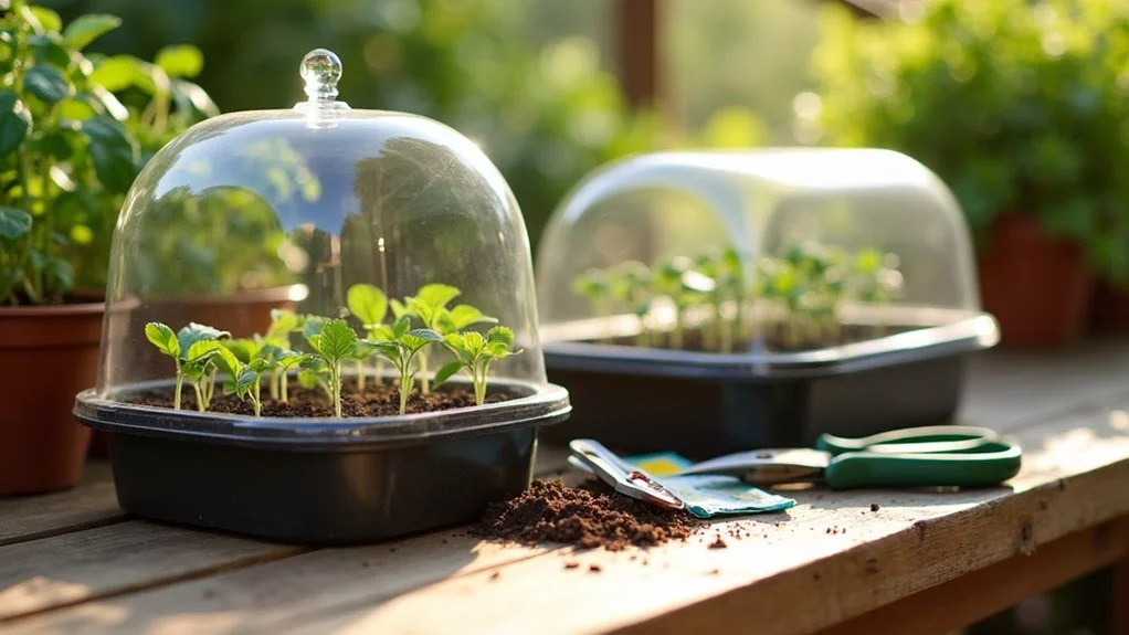Seedlings growing in trays under clear humidity domes on a potting bench