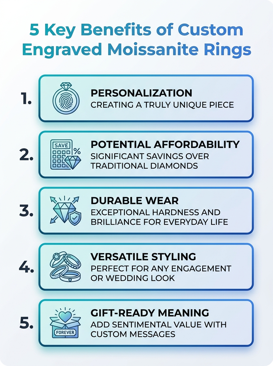 Infographic: 5 key benefits of custom engraved Moissanite rings - personalization, affordability, durability, engraving options.