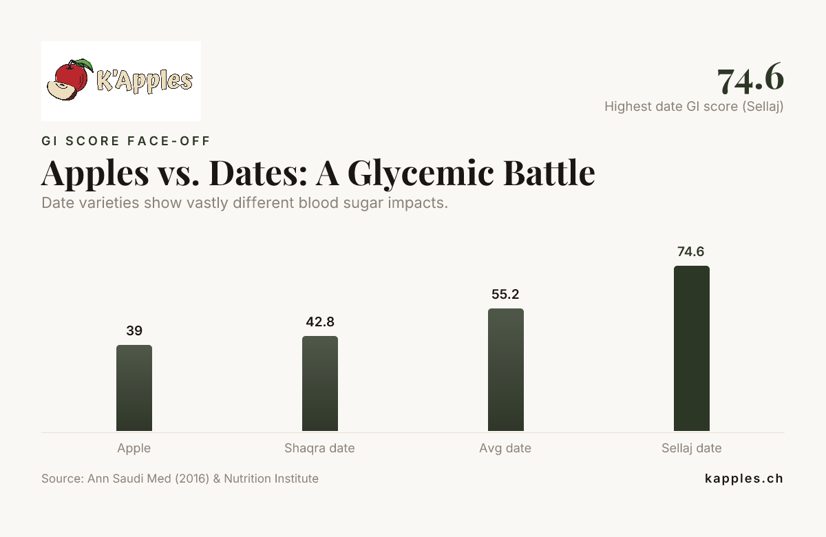 Apples vs. Dates: A Glycemic Battle — data from Ann Saudi Med (2016) & Nutrition Institute