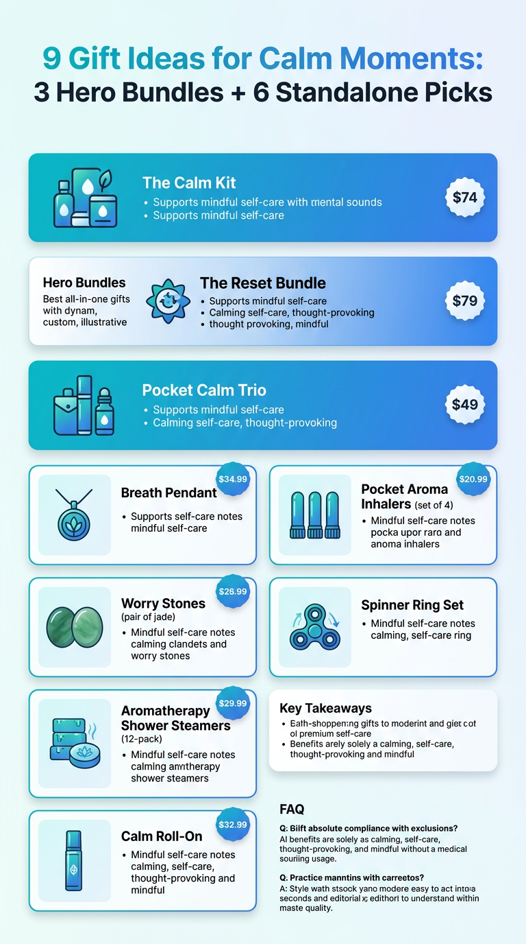 Infographic: 9 gift ideas for calm moments—3 hero bundles, 6 standalone picks for stress relief gifts.