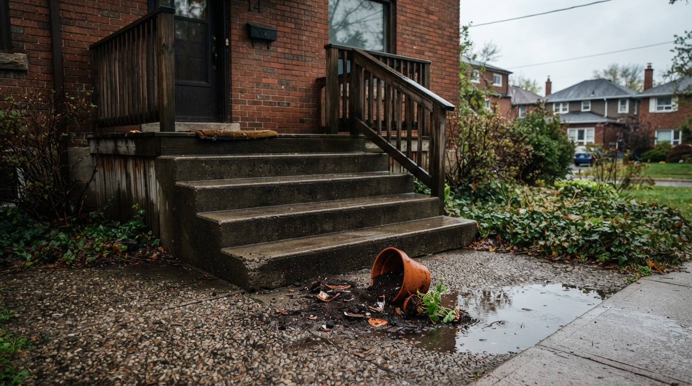 A slick, unmarked stairway outside a rental home sits empty after rain, with a fallen planter and a small puddle near the