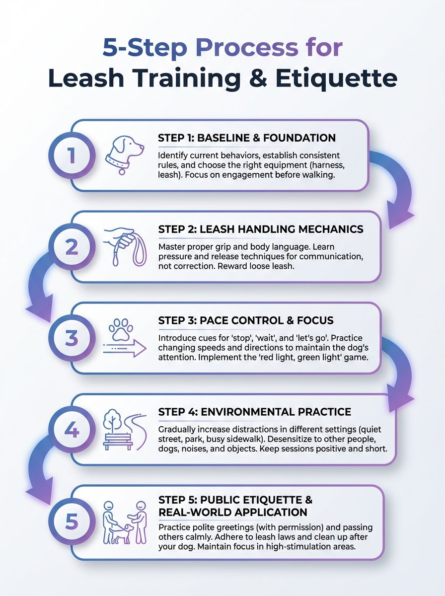 Infographic showing Leash Training & Etiquette: a 5-step process for dog leash manners.