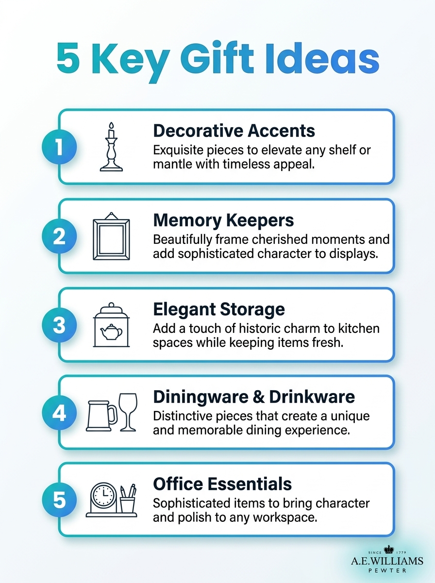 Infographic showing 5 key gift ideas for Pewter Gifts and Homeware, including tableware, decorative pieces, and accessories.
