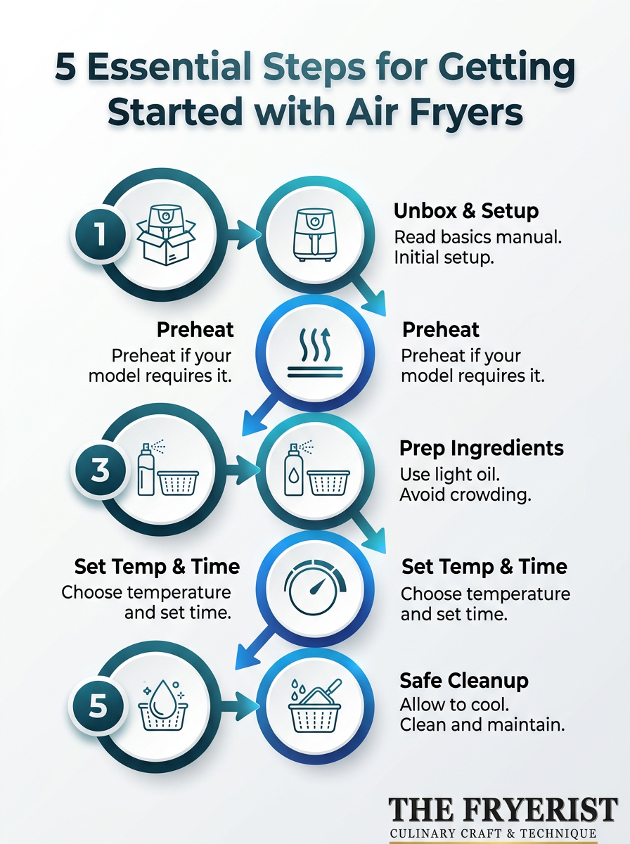 Infographic: 5 essential steps for Air Fryer Basics and Getting Started—setup, preheat, temps, recipes, safety.