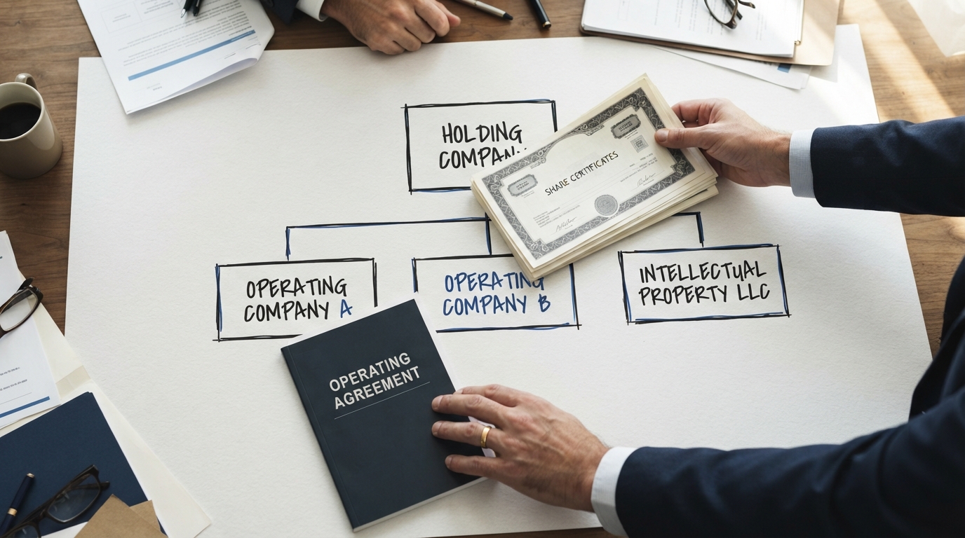 Overhead view of hands arranging share certificates above an operating-company contract on a branching corporate ownership