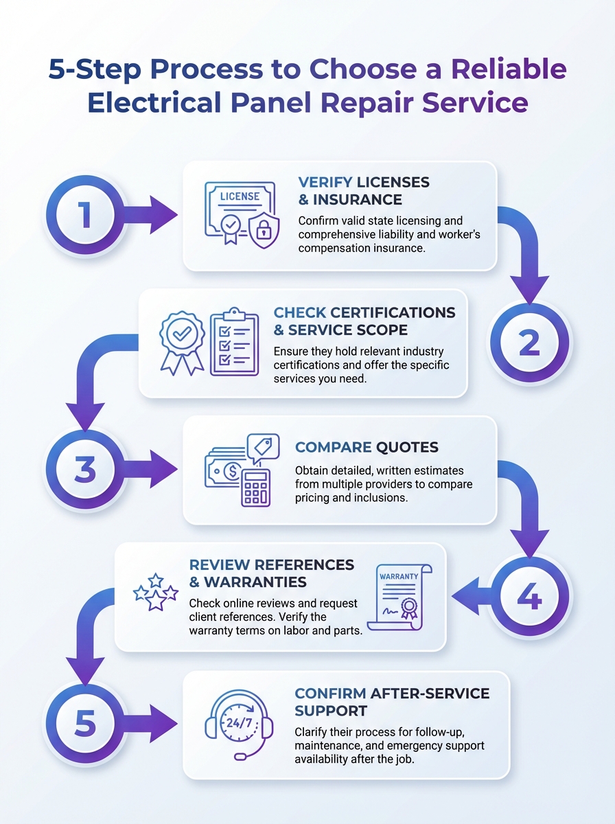 Five-step infographic on How to Choose Reliable Electrical Panel Repair Services: selecting a reliable repair service.