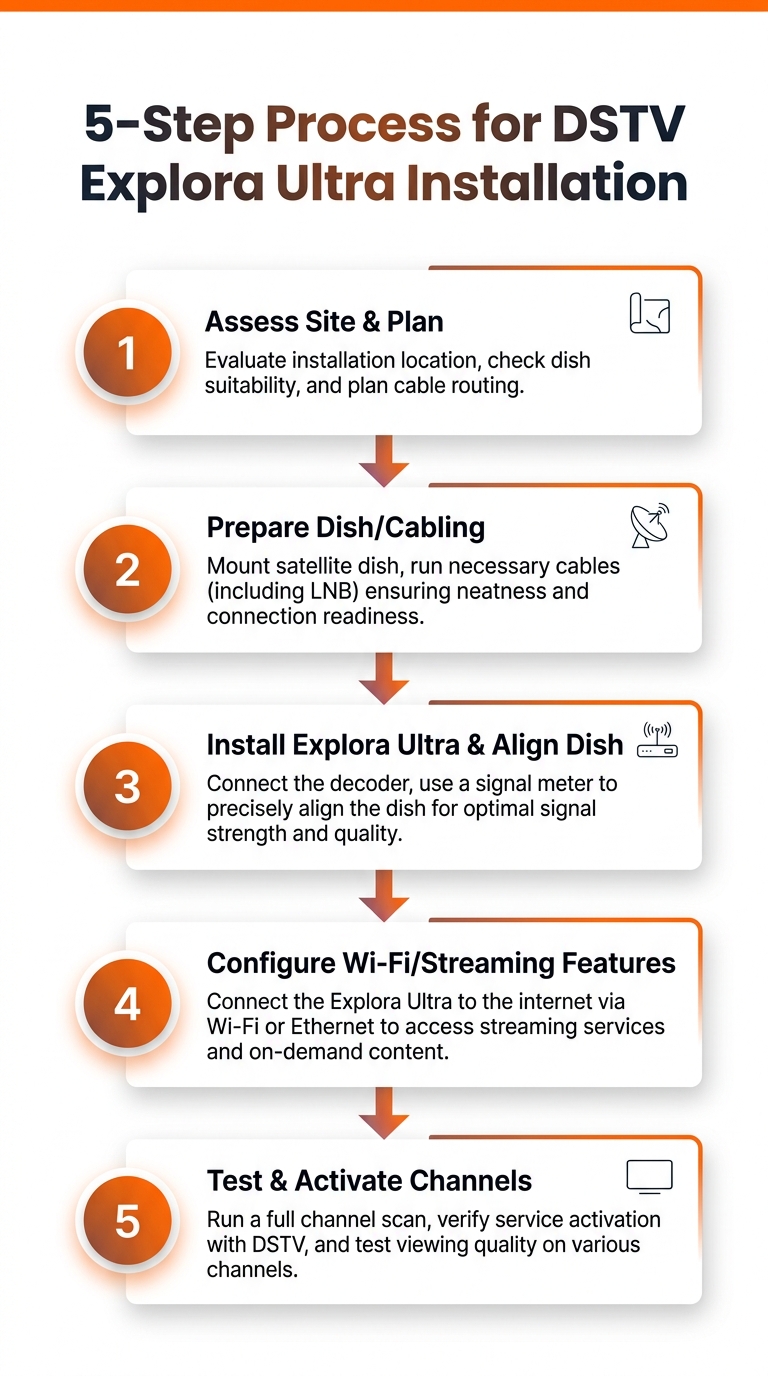 Infographic of the 5-step DSTV Explora Ultra installation process (dstv explora ultra installation).