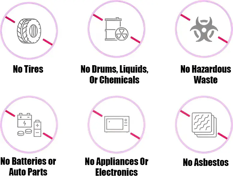 Guide showing hazardous waste that should not go in a roofing dumpster