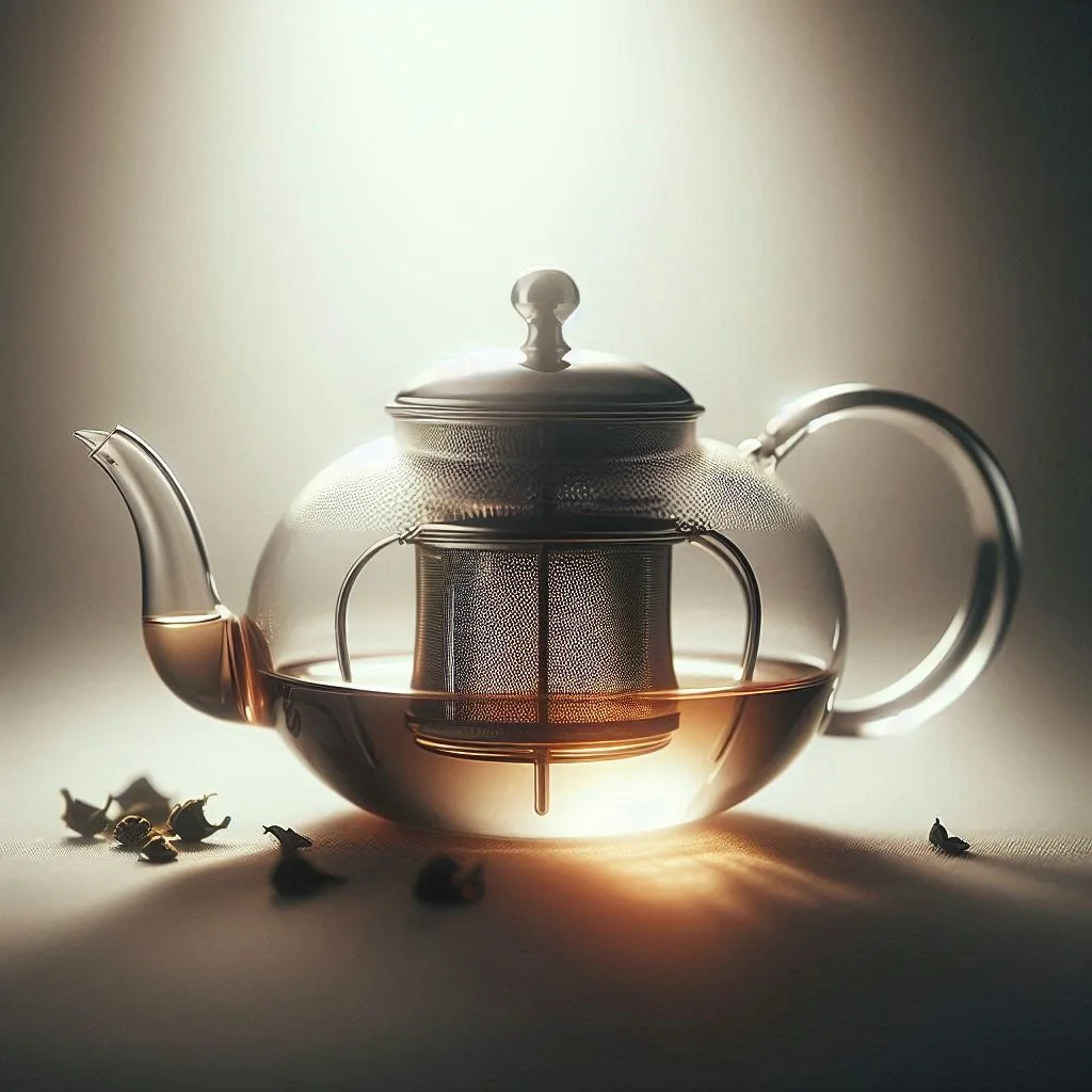 Glass teapot with metal infuser and amber tea