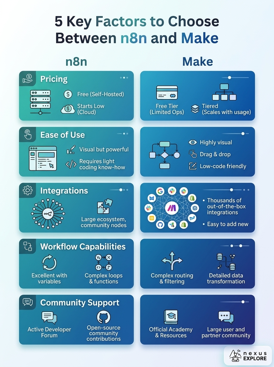 Infographic comparing automation tools: 5 key factors to choose between n8n and Make for automation.