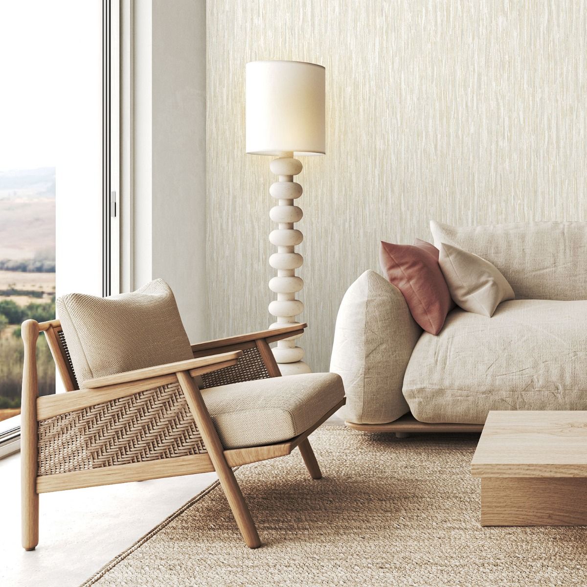 Rosalie Texture Stripe Cream Wallpaper Room View