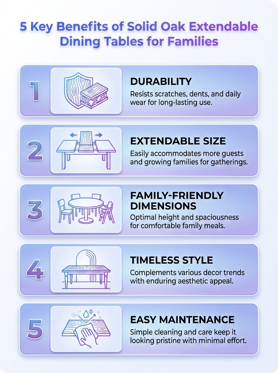 Infographic: 5 key benefits of solid oak extendable dining tables for families. Best solid oak dining tables for families.
