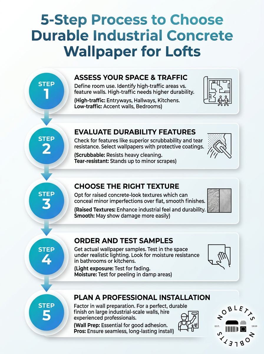 5-step process to choose durable industrial concrete wallpaper for lofts