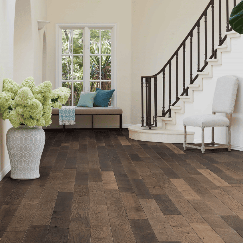 Palmetto Road Shenandoah Shadow five inch wide plank Oak hardwood installed in home entrance