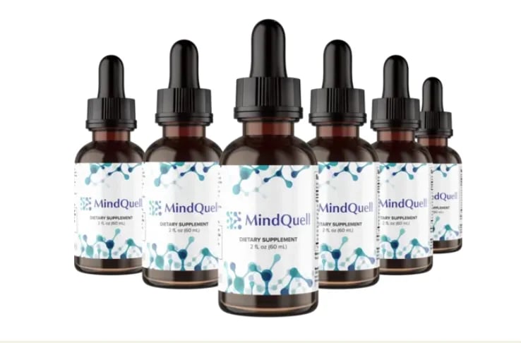Six bottles of MindQuell cognitive supplement liquid with dropper caps arranged in a row | Ginkgo for memory guide