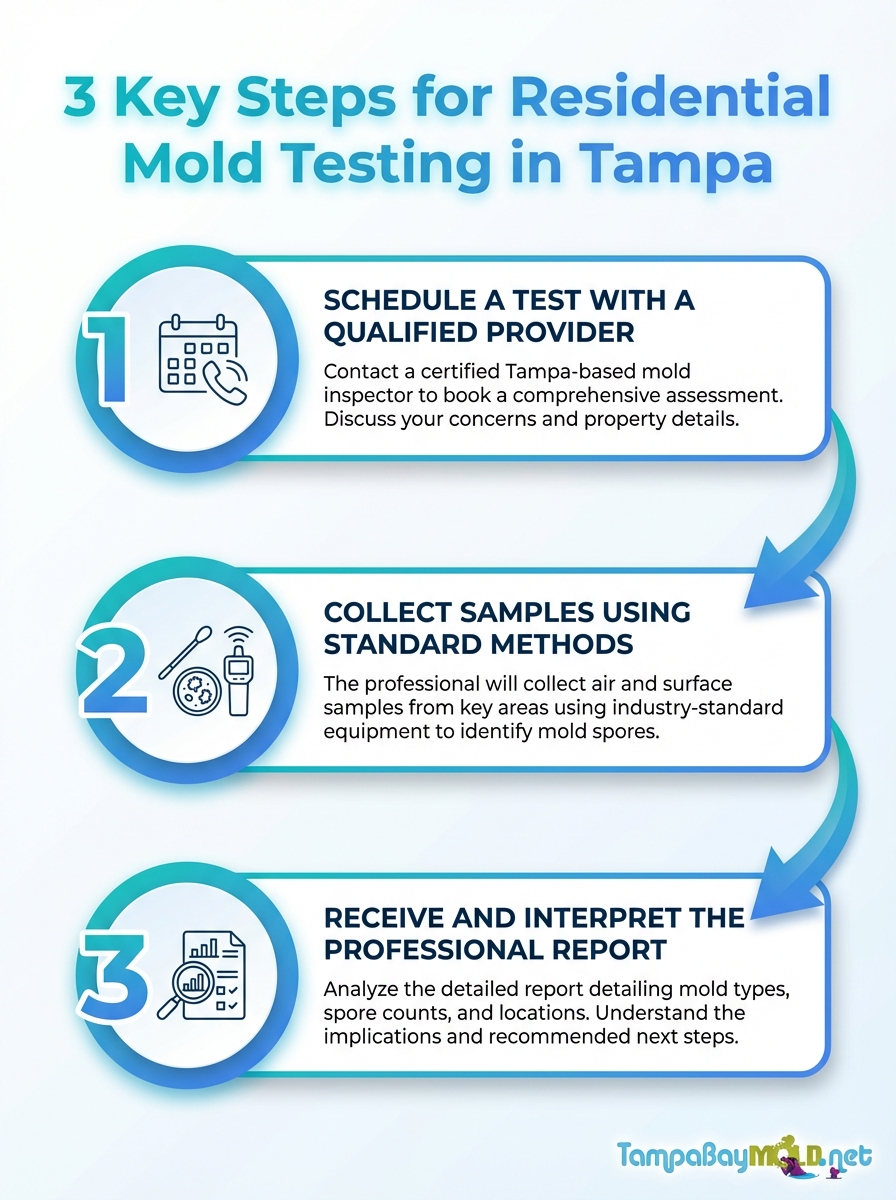 Infographic showing 3 key steps for residential mold testing in Tampa, highlighting residential mold testing Tampa.