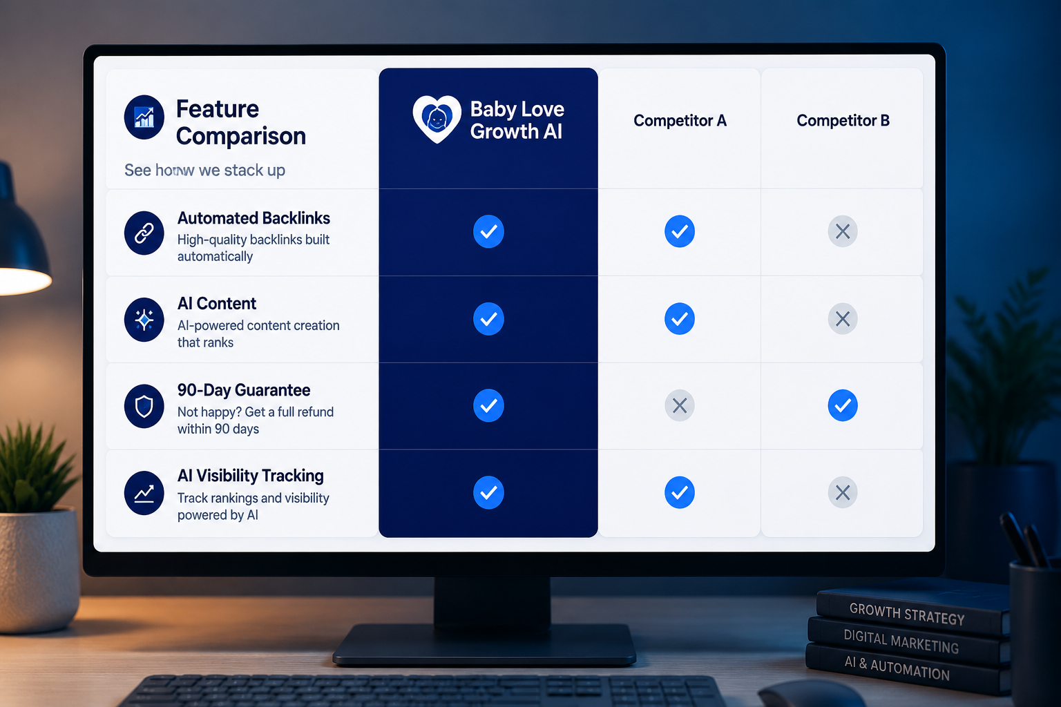 Baby Love Growth AI compared graphic for automated backlinks, AI content, and guarantee