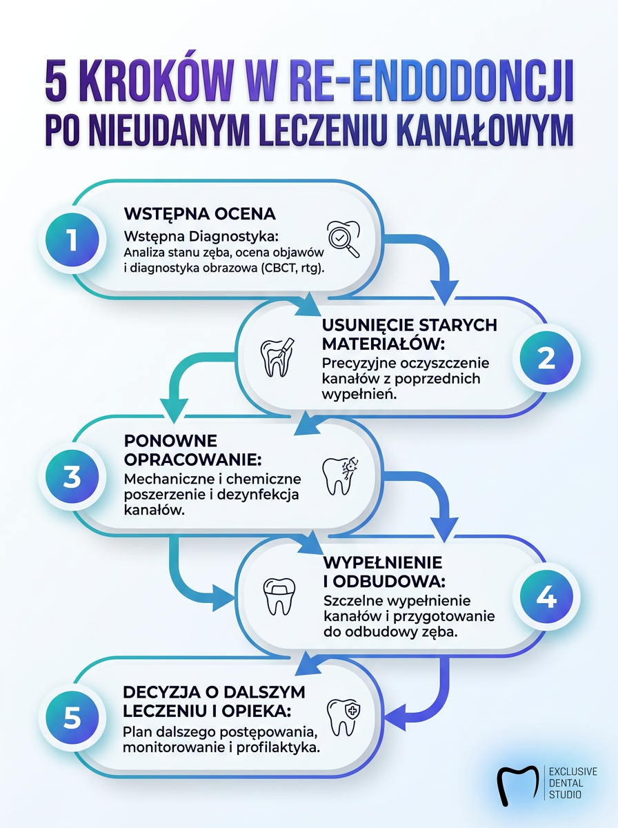 Infografika przedstawiająca 5 kroków re-endodoncji — od diagnostyki po odbudowę zęba