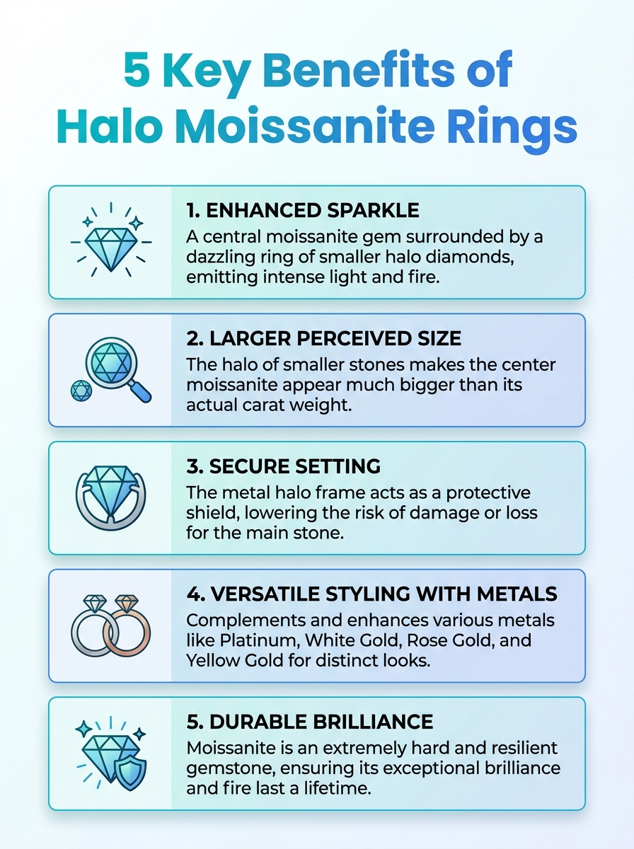 Halo Moissanite Rings for Dazzling Brilliance: 5 Key Benefits infographic