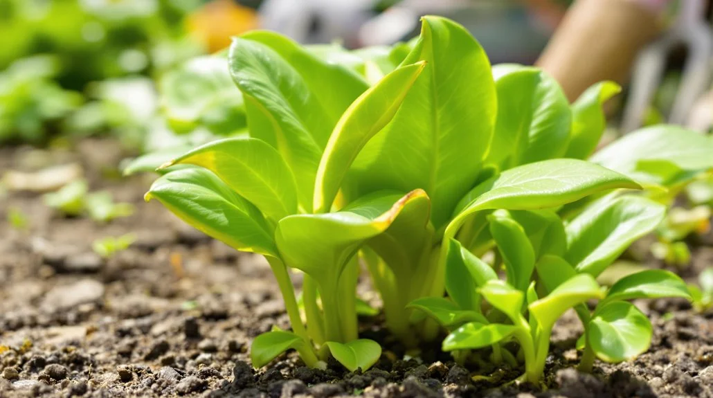 Bright green leafy seedlings growing in dark soil in a garden bed.