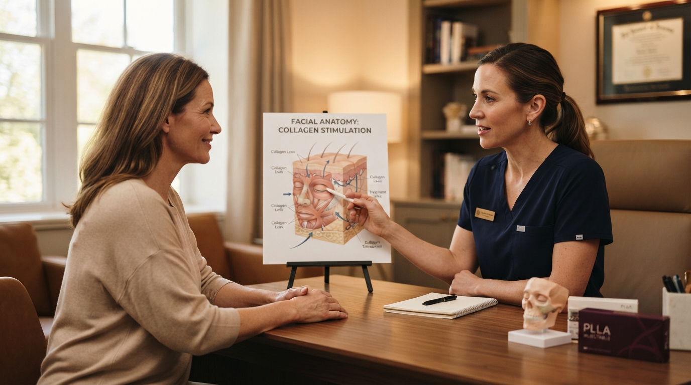 A clinician explains a collagen-stimulating injectable treatment to an adult patient using a neutral facial anatomy diagram