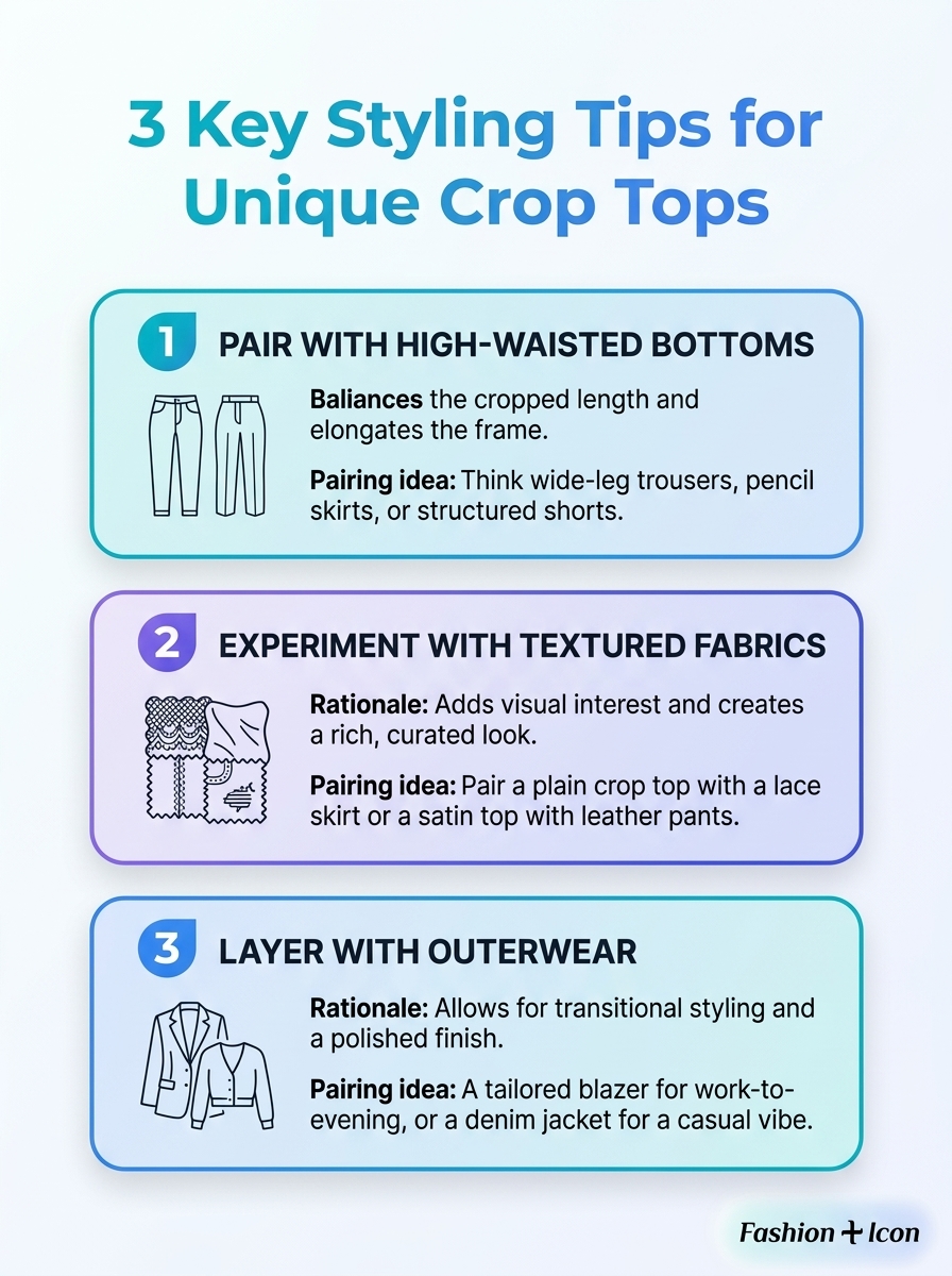 Infographic showing 3 key styling tips for styling unique crop tops.