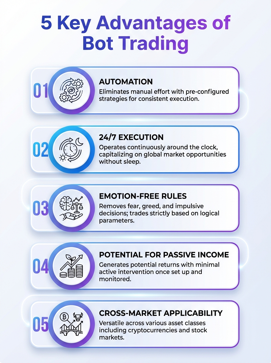 Infographic listing 5 key advantages of bot trading, highlighting automation and speed.