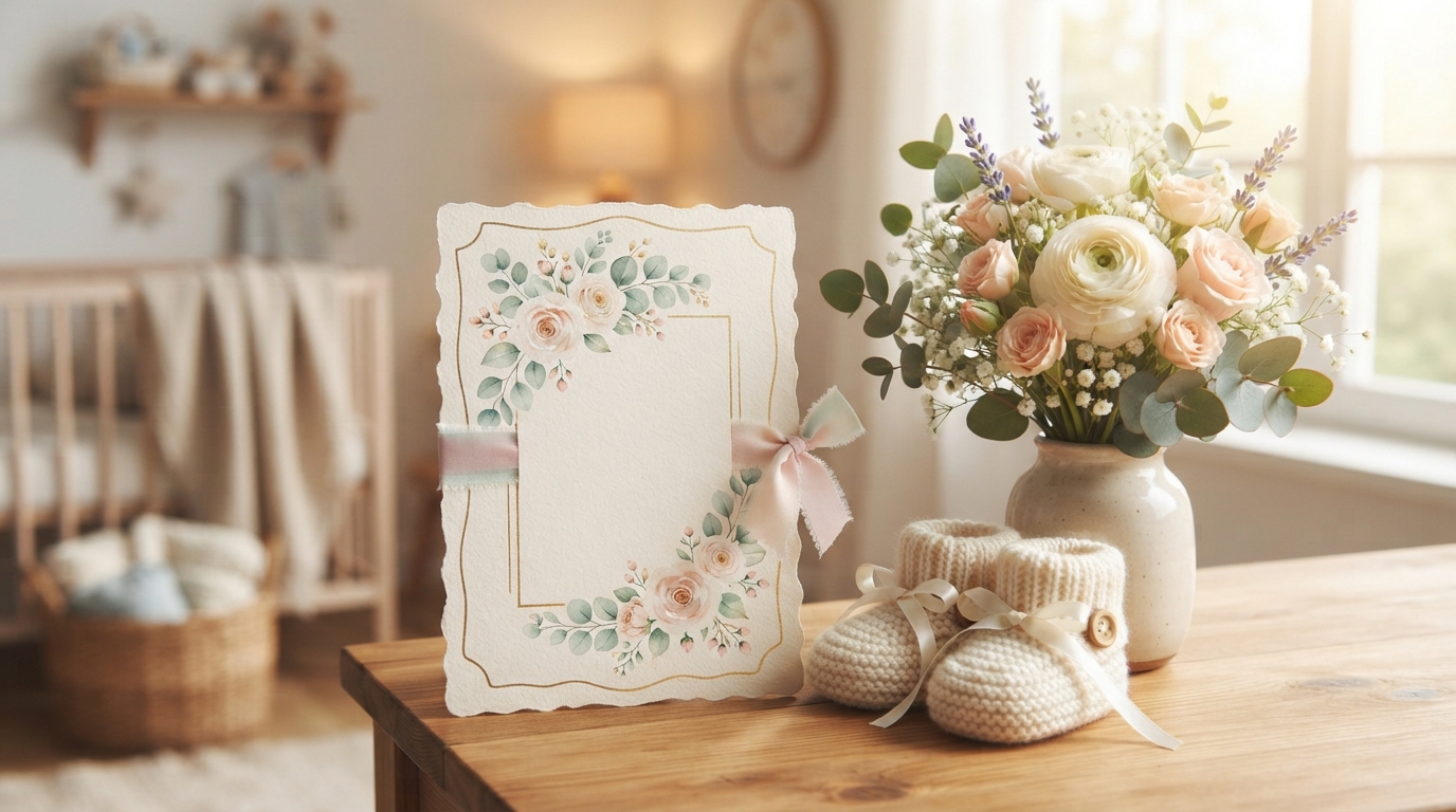A pastel baby shower invitation with cheerful handwritten wording rests beside tiny booties and fresh flowers on a sunlit