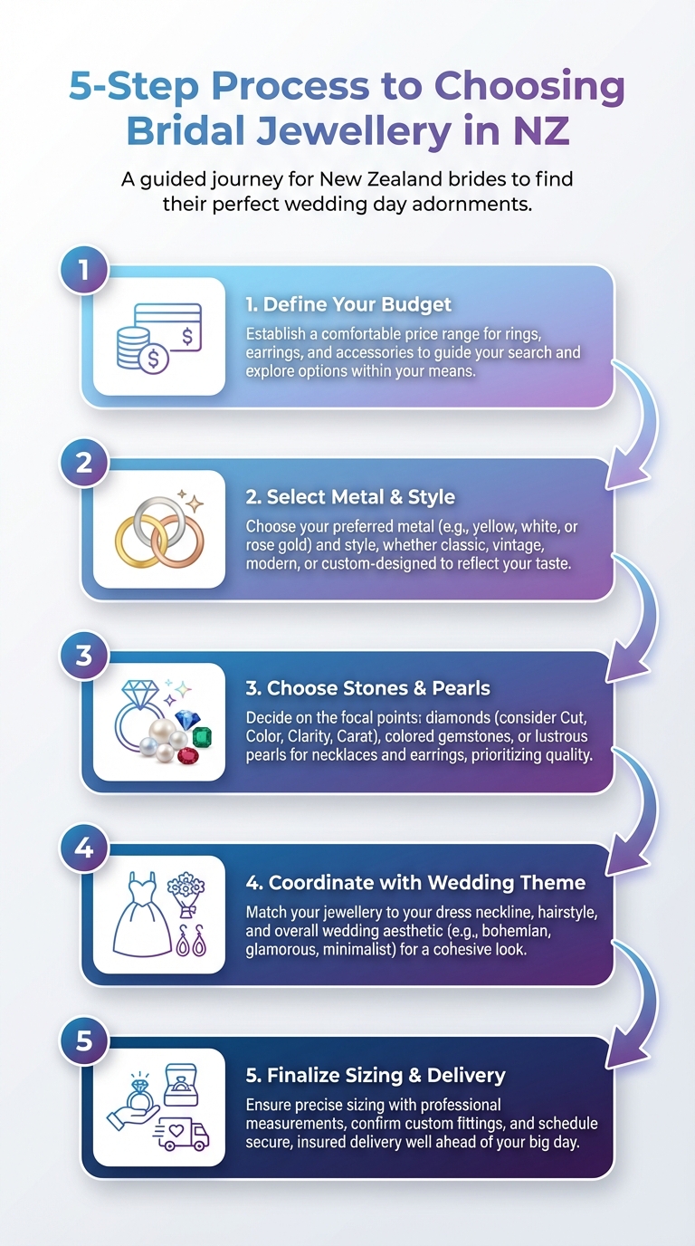 Infographic showing the 5-step process to choosing bridal jewellery in NZ for earrings, necklaces, and rings.