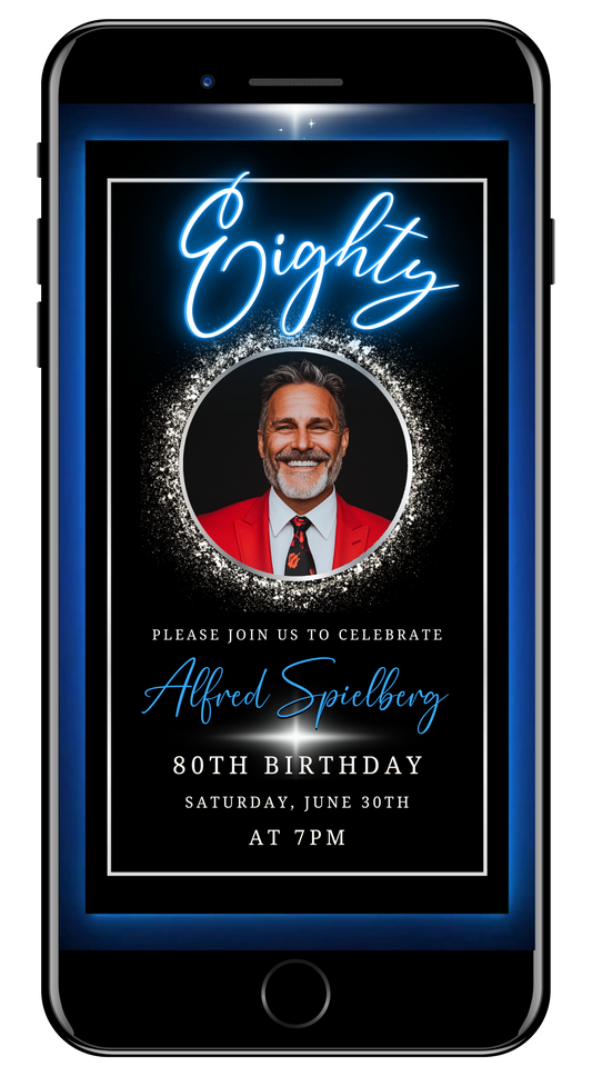 Blue and Silver 80th Birthday Video Invitation with Oval Photo Frame