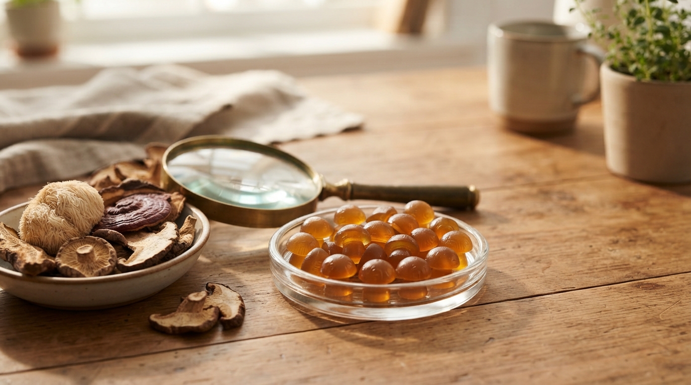 Amber mushroom-shaped gummies sit beside dried mushrooms and a magnifying glass on a sunlit kitchen table, showing their