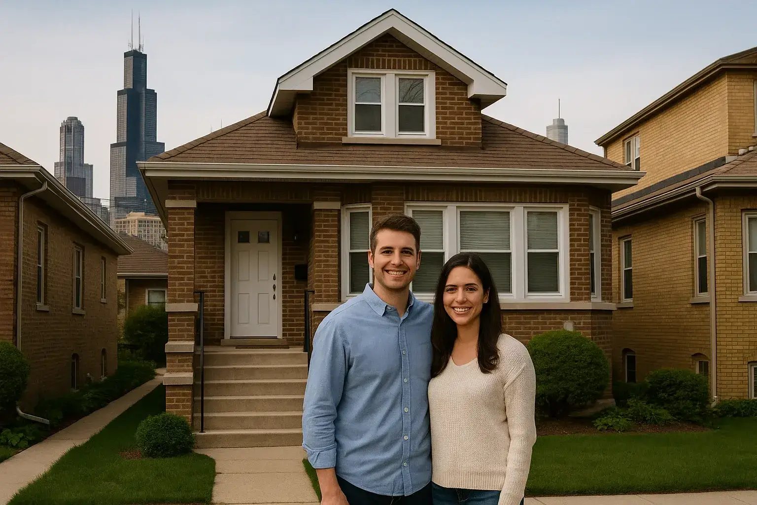 Family in front of their home purchased through alternative mortgage