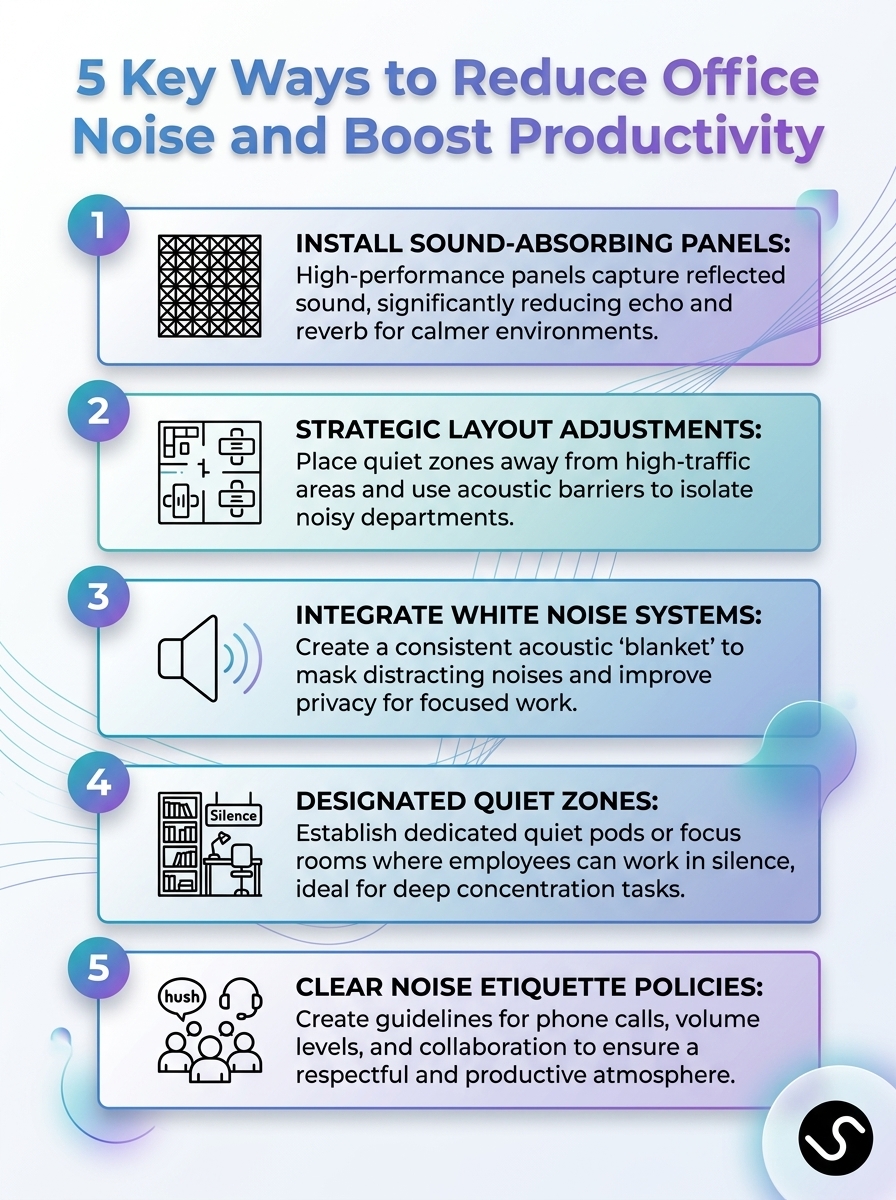Infographic: 5 key ways to reduce office noise and boost productivity for better employee focus.