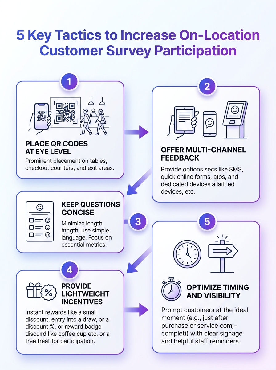Infographic: 5 tactics to boost on-location survey participation; best ways to increase participation at locations.