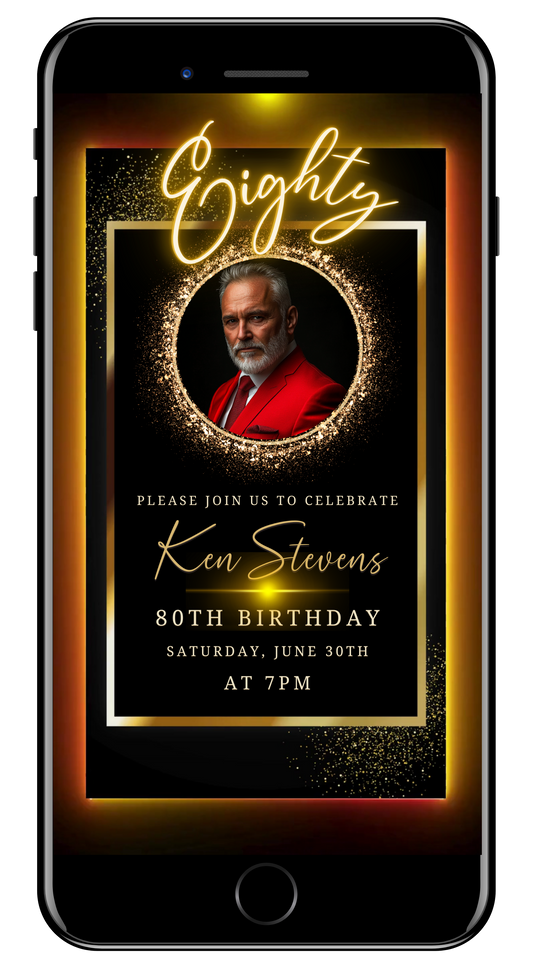 80th Birthday Video Invitation Black and Gold Oval Photo Frame Animated Invite