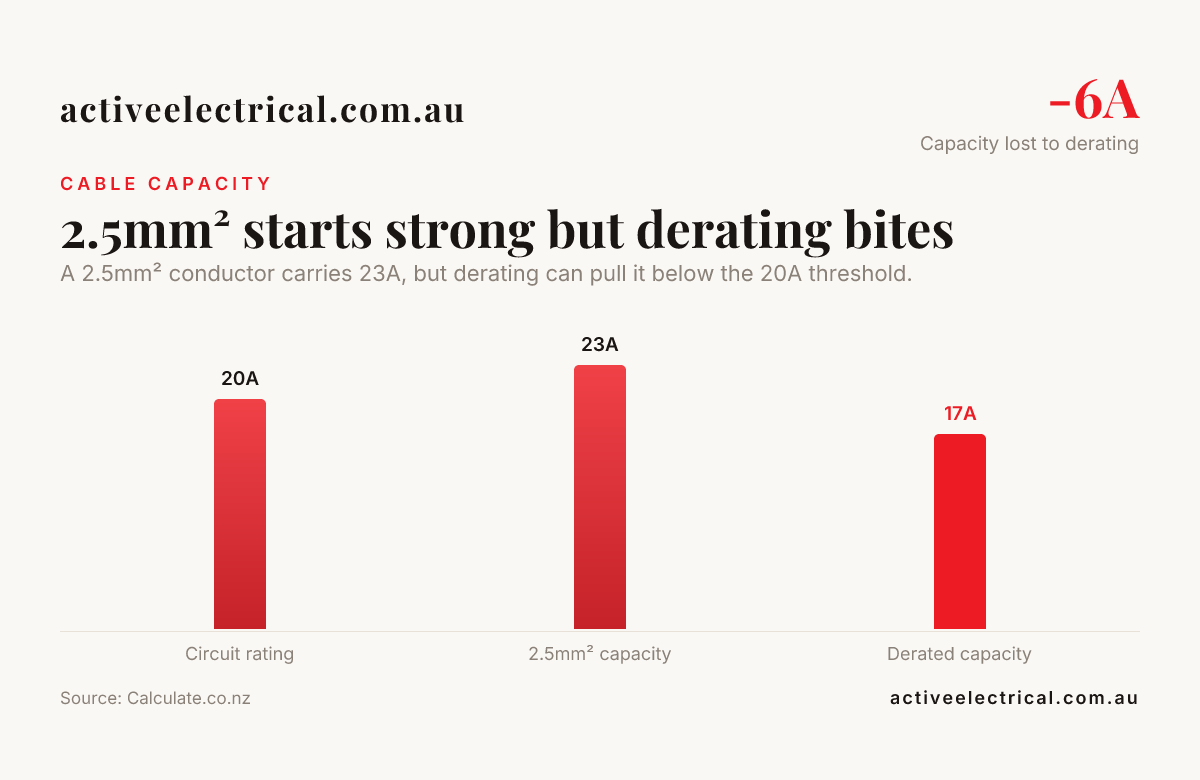 2.5mm² starts strong but derating bites — data from Calculate.co.nz