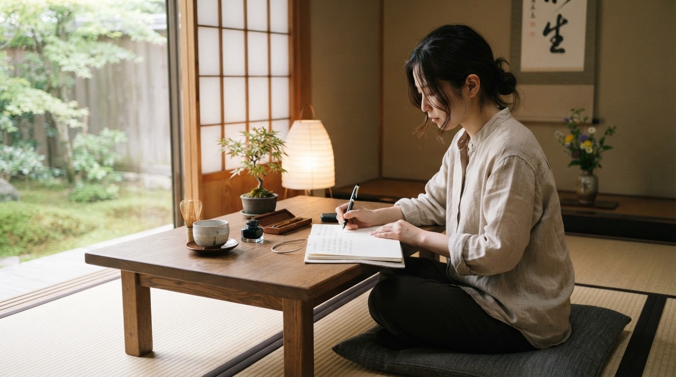 A person writes in a notebook at a low wooden desk on tatami, with a paper lamp casting soft morning light.