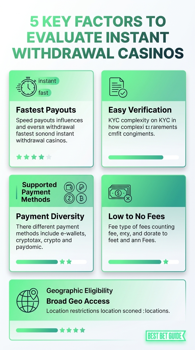 Infographic showing 5 key factors to evaluate instant withdrawal casinos: speed, reliability, fees, limits, and security.