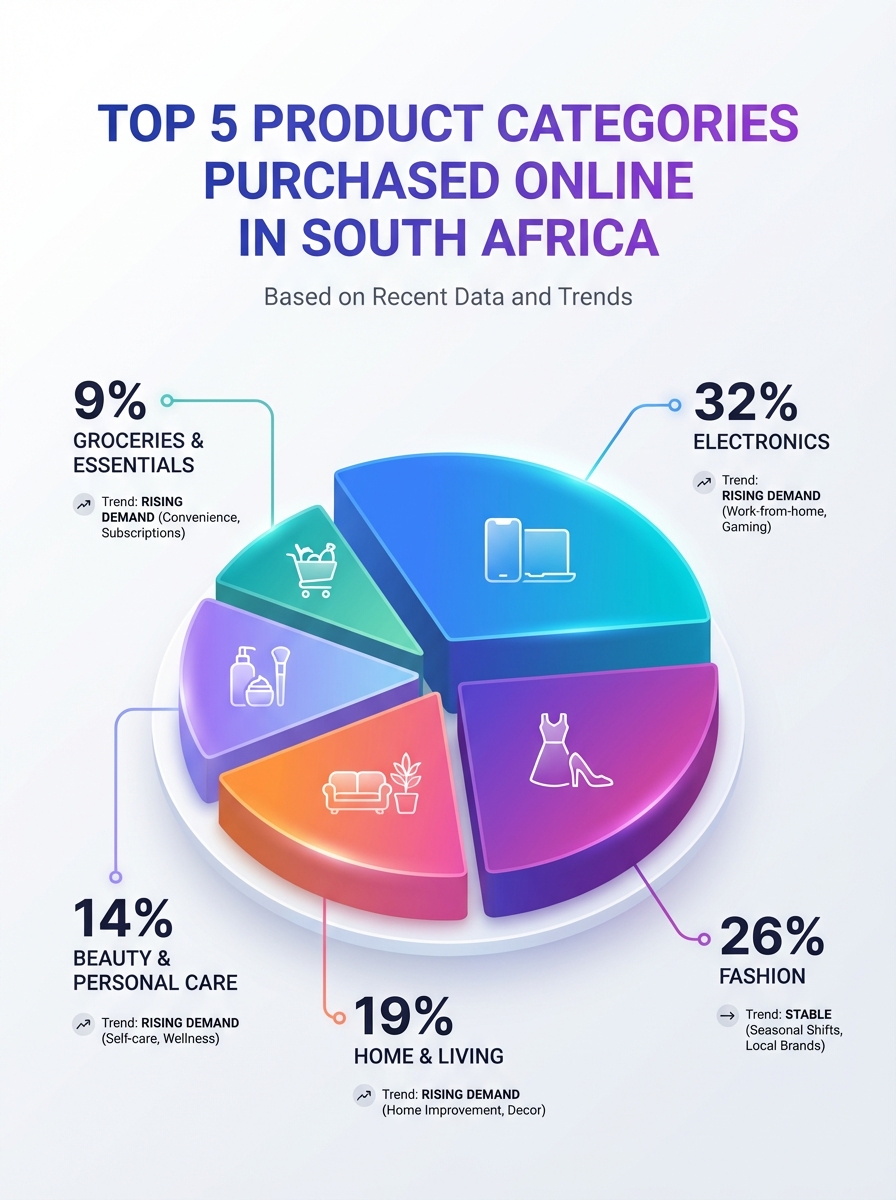 Infographic: what South Africans buy on the internet based on recent data and trends — top 5 categories.