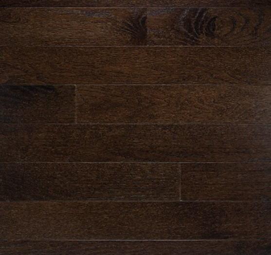 Dark brown hardwood planks with visible grain arranged in a staggered floor pattern