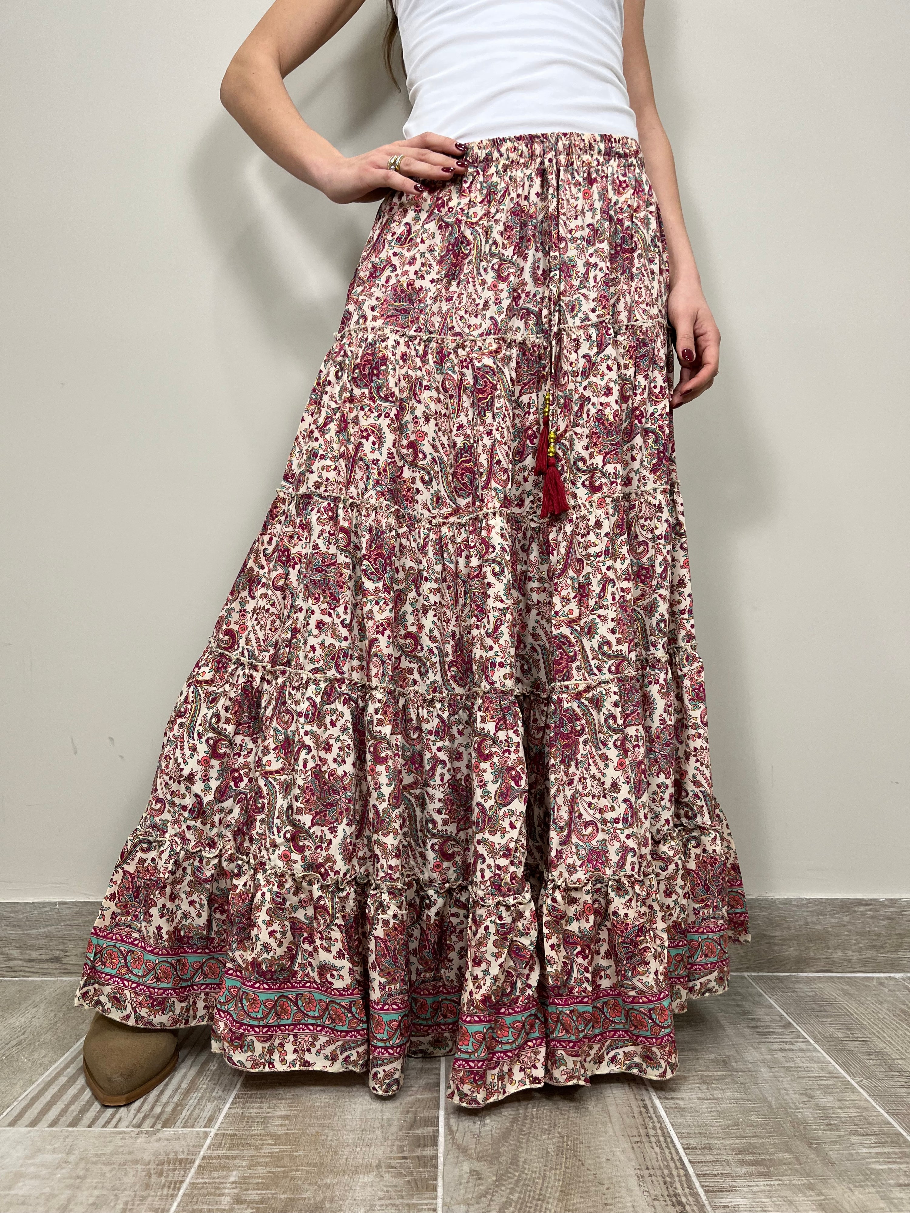 Maxi gonna seta Diamond Peach boho chic, look gipsy fluido