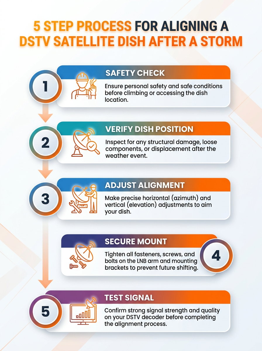 Infographic showing a 5-step process to align a DSTV satellite dish after a storm, including tools and angles.