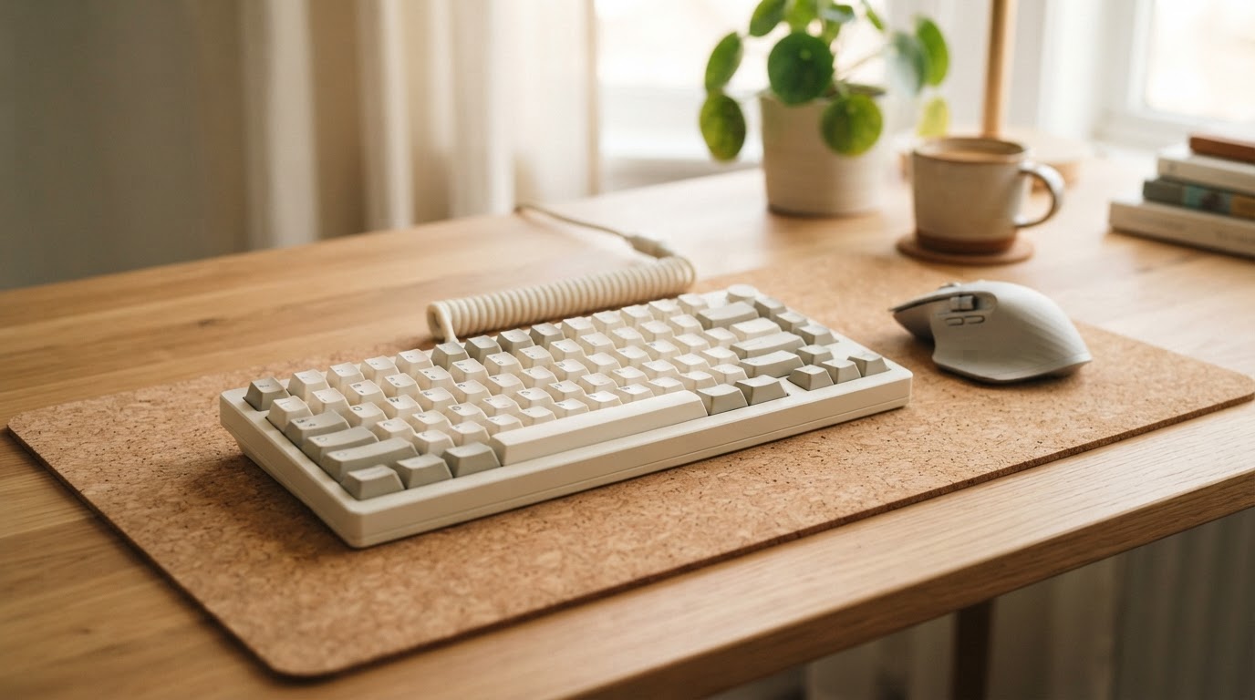 A cream mechanical keyboard rests on a cork desk mat beside a mouse, photographed in bright morning light on a minimalist