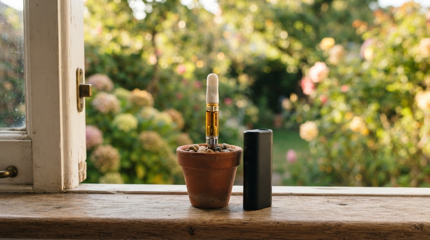 A glass cannabis vape cartridge stands upright beside a reusable battery on a windowsill, with a softly blurred garden in