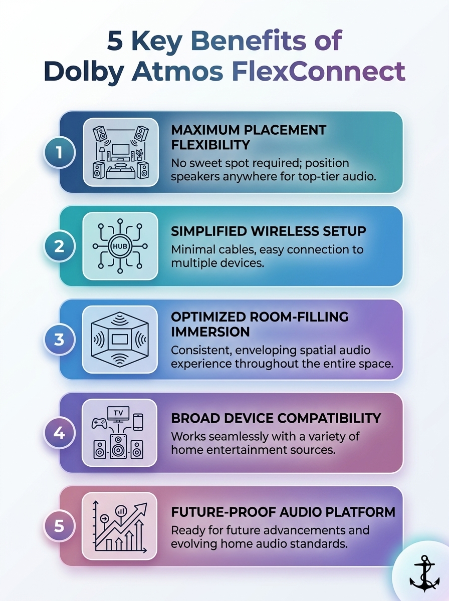 Dolby Atmos FlexConnect and Placement-Free Audio: 5 key benefits visualized.