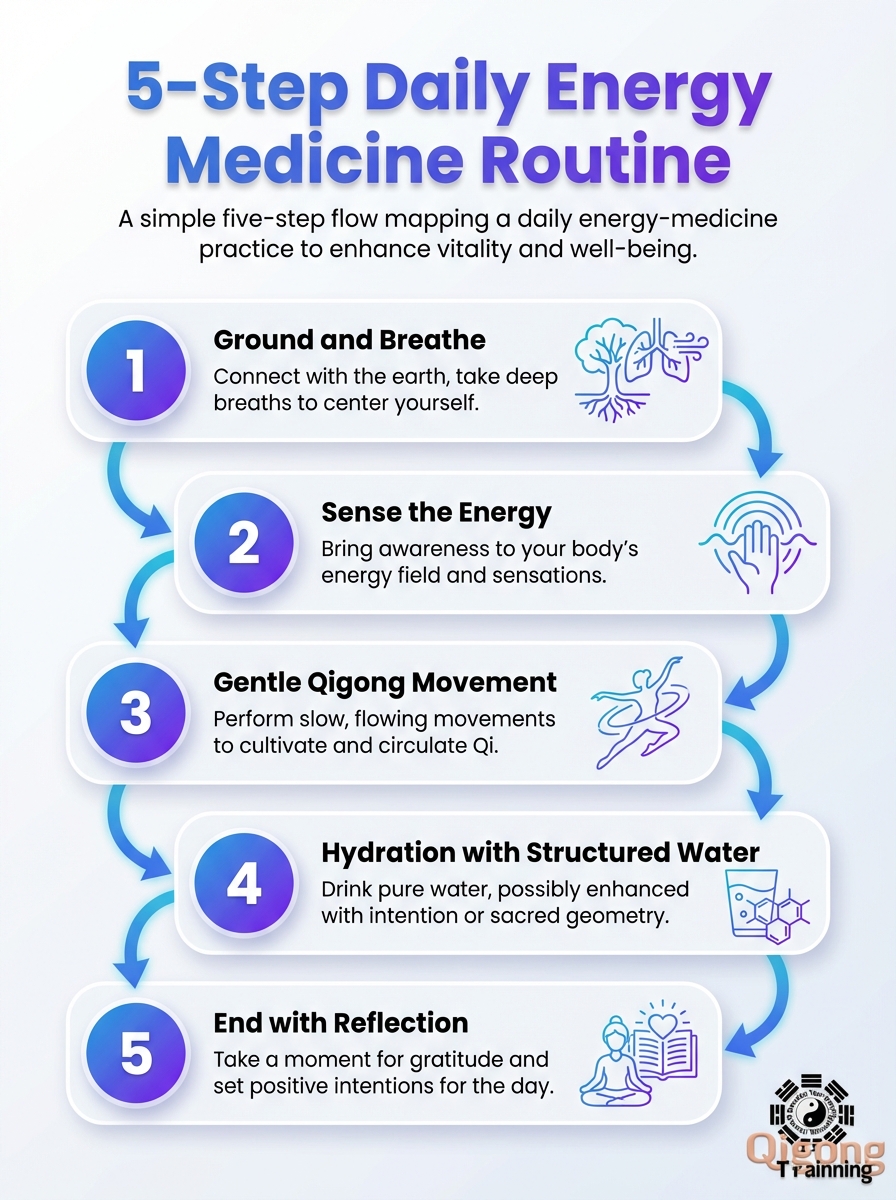 Infographic illustrating a 5-step daily energy medicine routine for Energy Medicine Fundamentals and Daily Practice.