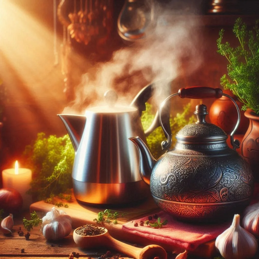Electric and stovetop kettles on a kitchen counter