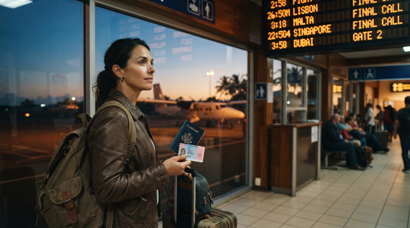 A small island airport departure board glows at dusk as a traveler holds a passport and residence card near the windows.
