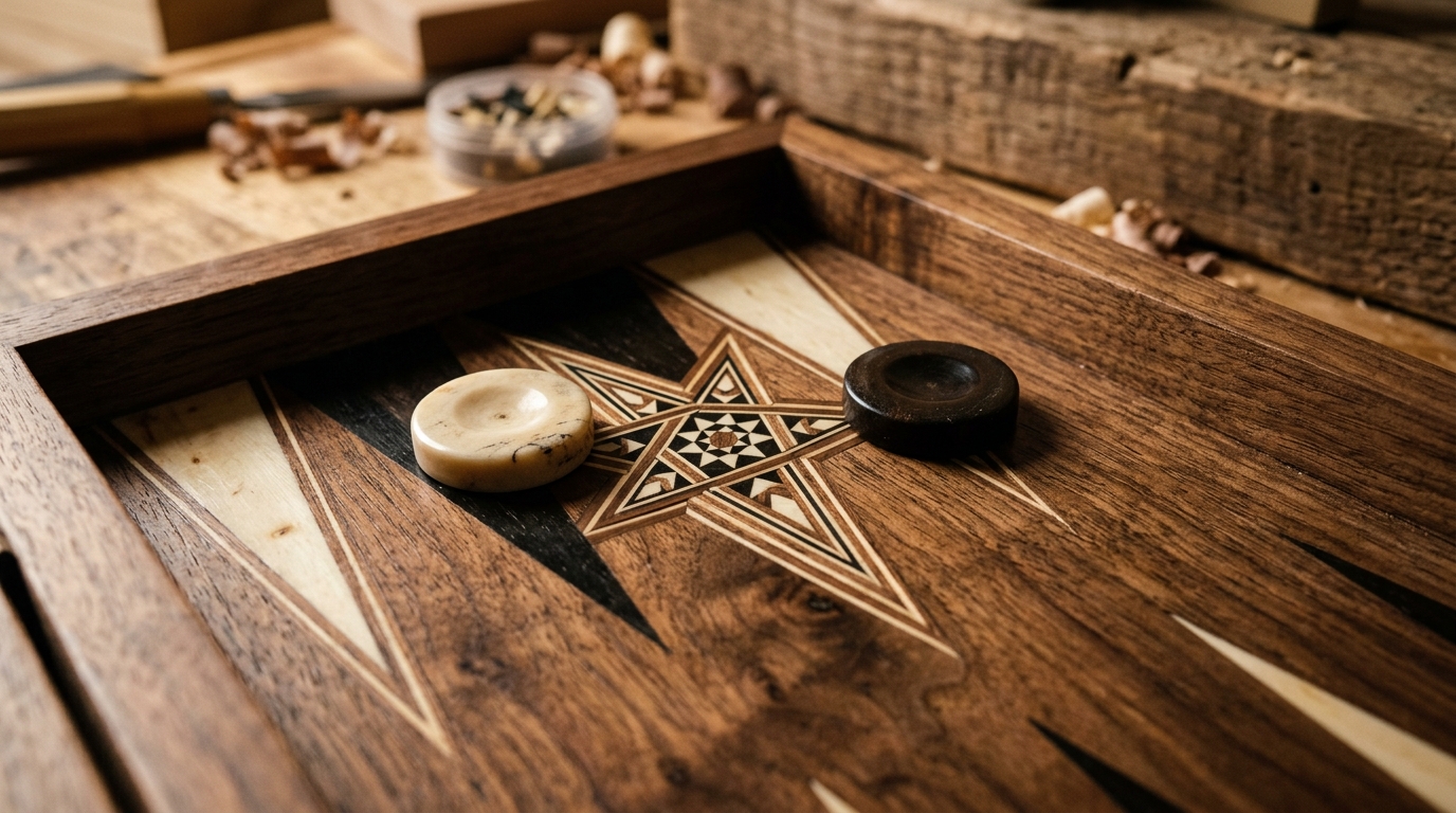 A wooden backgammon board with decorative inlays