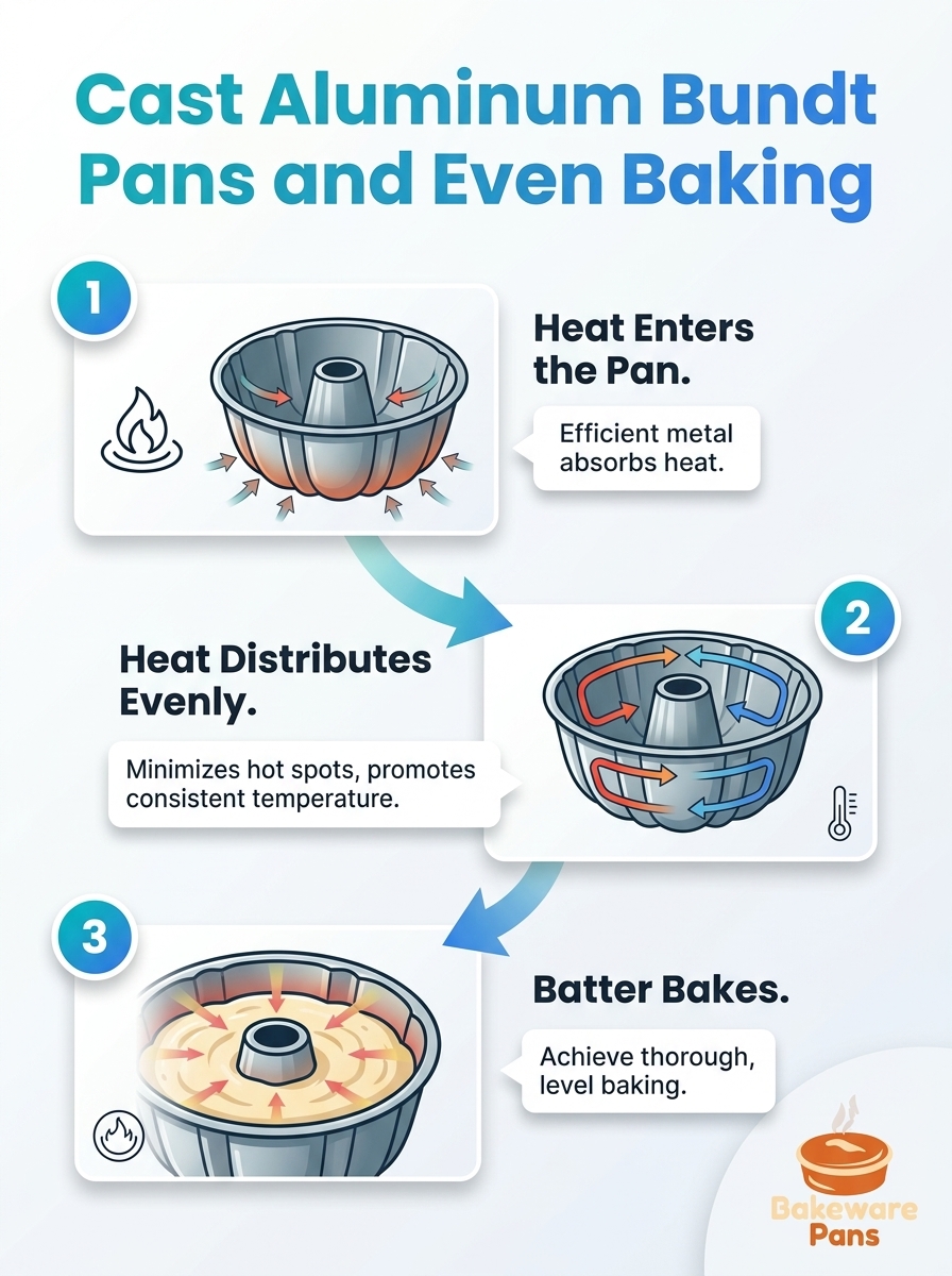 Infographic showing cast aluminum Bundt pans and even cake baking
